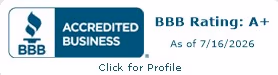 BBB Accredited Business badge showing A+ rating as of July 16, 2026, with a clickable link to the business profile.